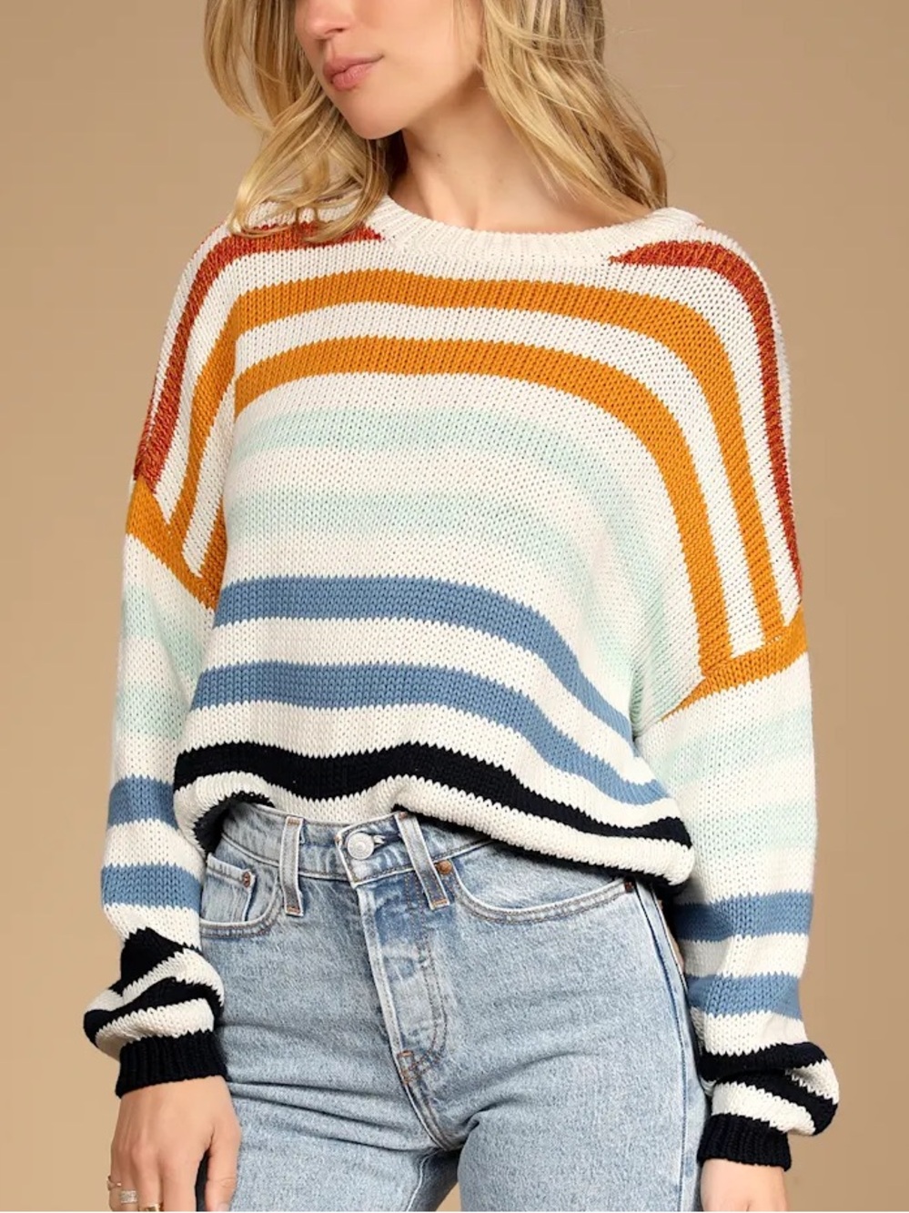 Lulus Charli Blue Multi Striped Knit Sweater size Large 100% Cotton